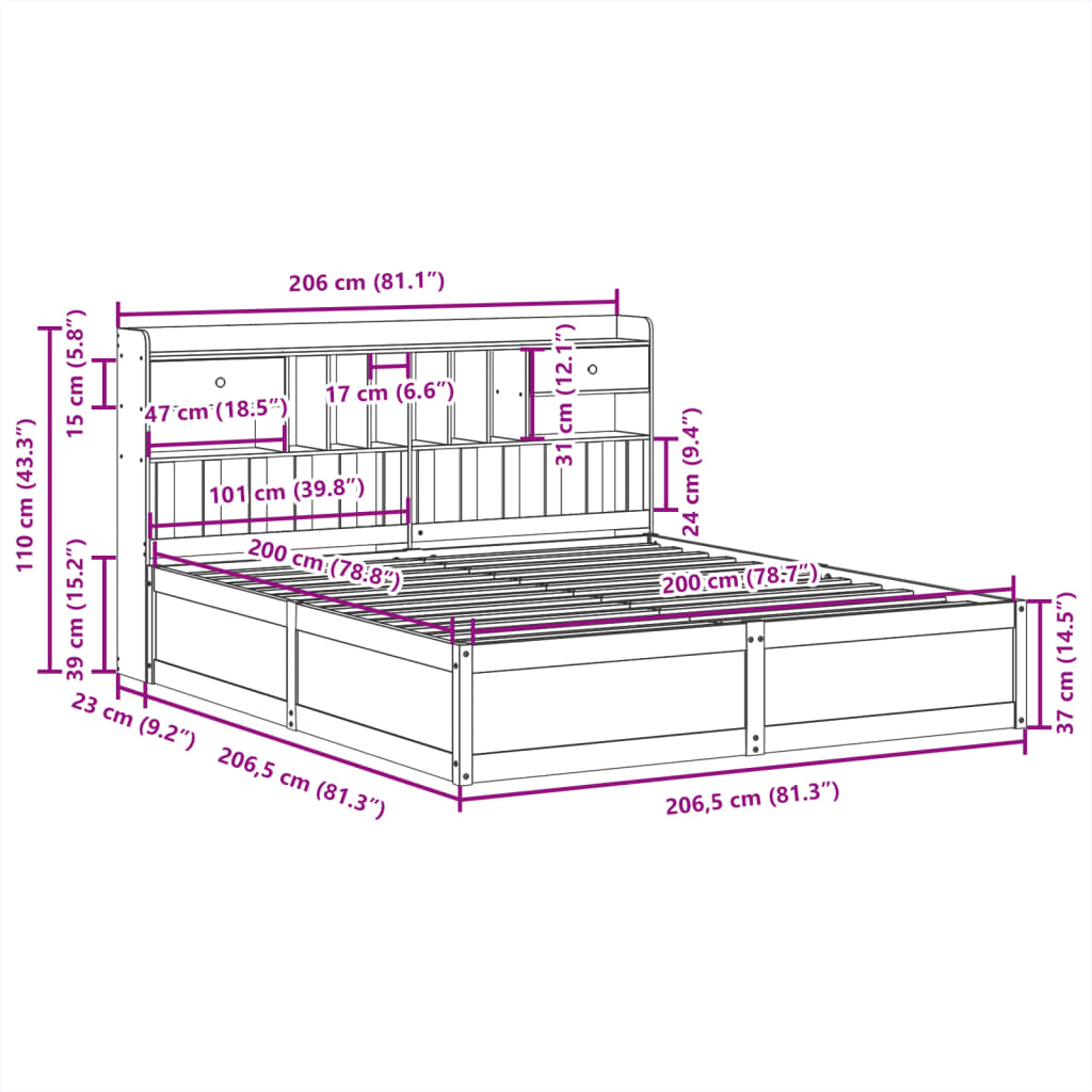 Cama sem colchão 200x200 cm madeira de pinho maciça branco