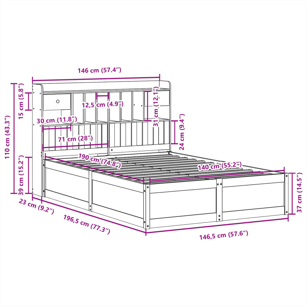 Cama sem colchão 140x190 cm madeira de pinho maciça branco