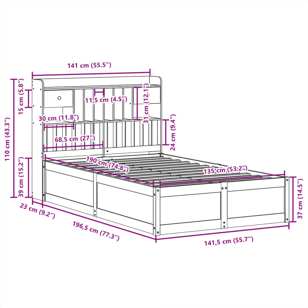 Cama sem colchão 135x190 cm madeira de pinho maciça