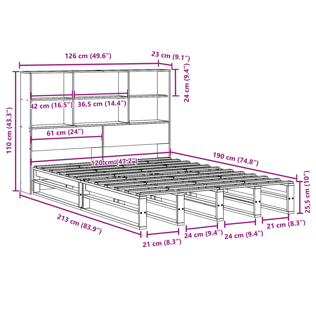 Cama com estante sem colchão 120x190 cm madeira maciça branco