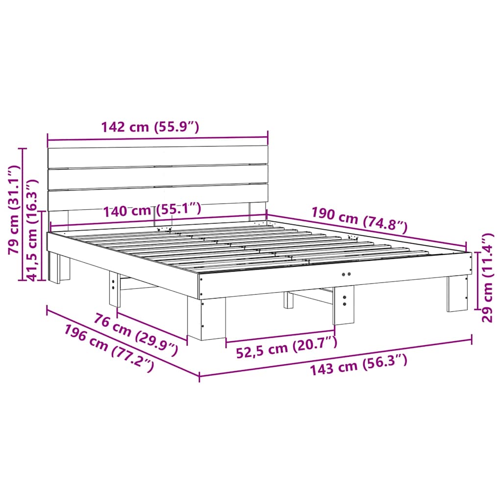 Estrutura cama cabeceira sem colchão 140x190 cm maciça carvalho