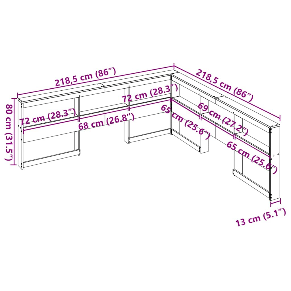 Estante cabeceira forma de L 200 cm pinho maciço castanho-mel