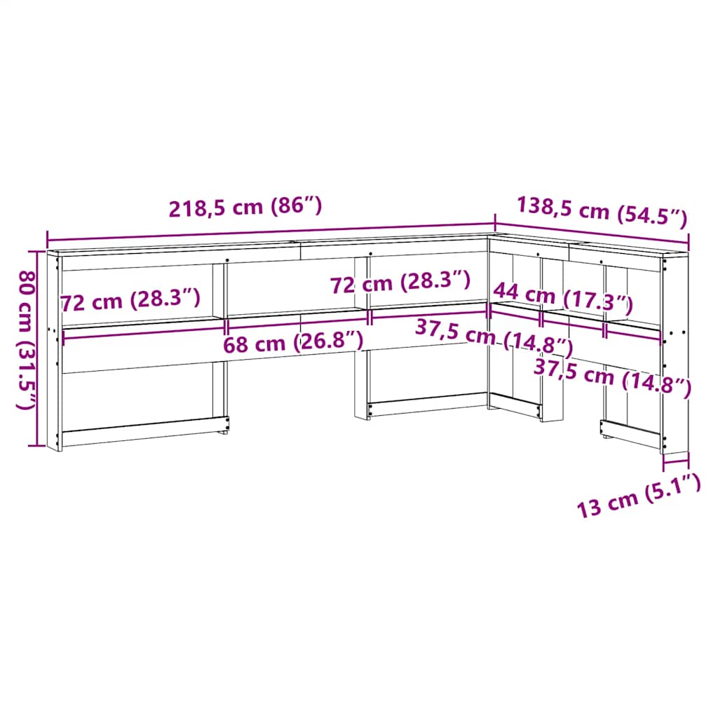 Estante cabeceira forma de L 120 cm pinho maciço castanho-mel