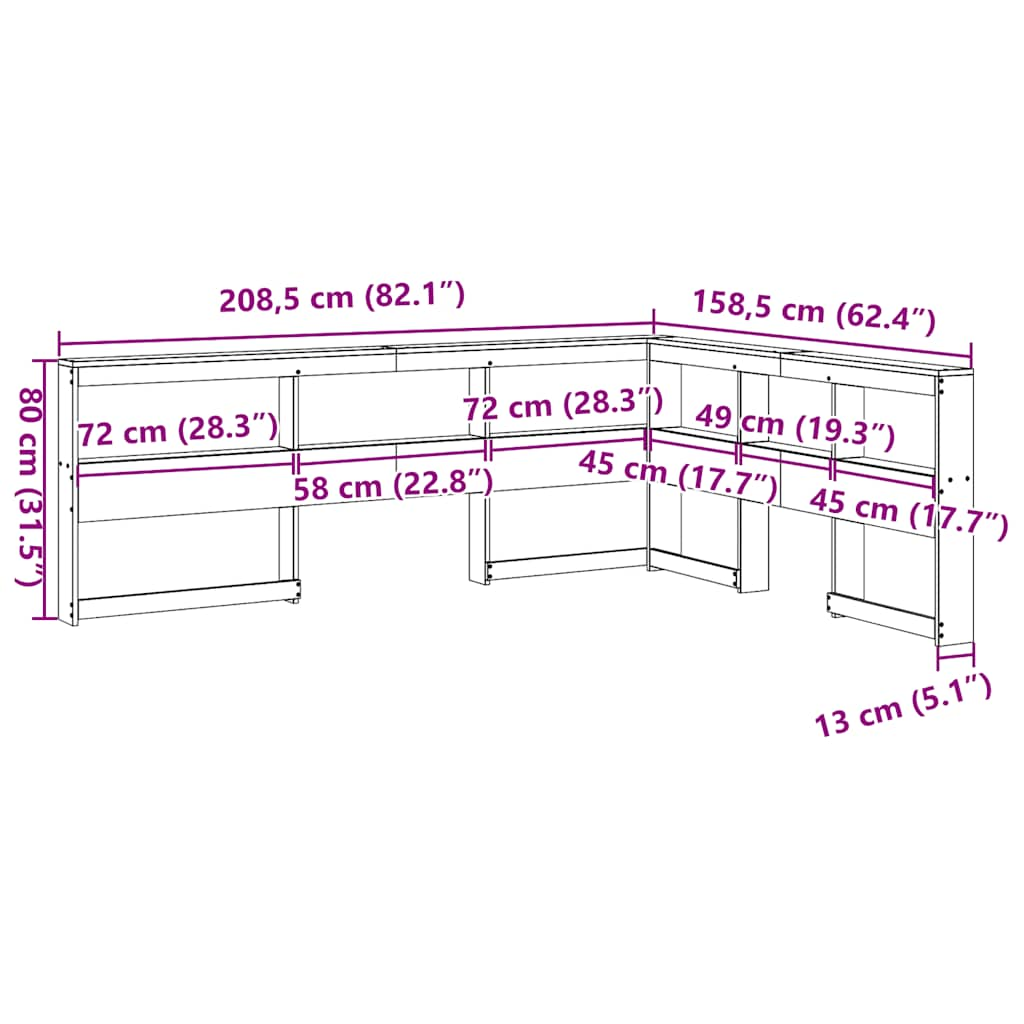 Estante cabeceira forma de L 140 cm pinho maciço castanho-mel