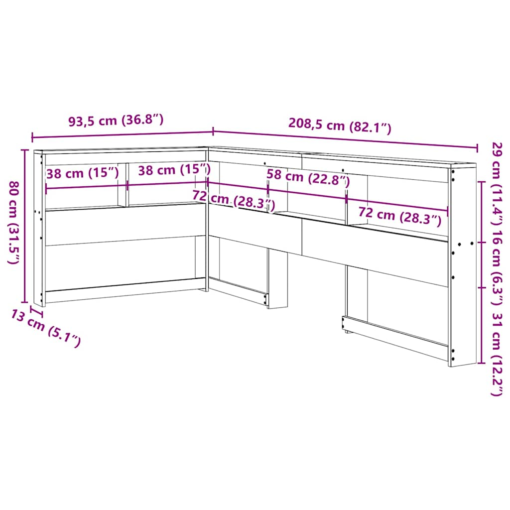 Estante cabeceira forma de L 75 cm pinho maciço castanho-mel