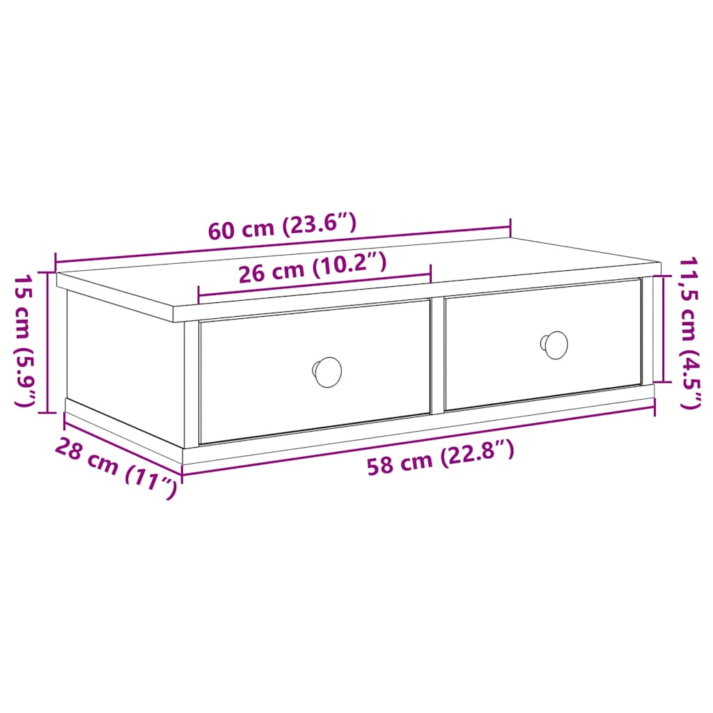 Prateleira parede c/ gavetas 60x28x15 cm deriv. madeira branco