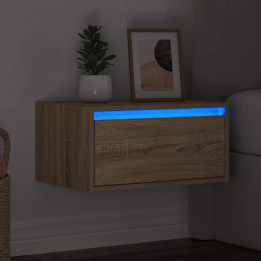 Mesa de cabeceira de parede com luzes LED carvalho sonoma