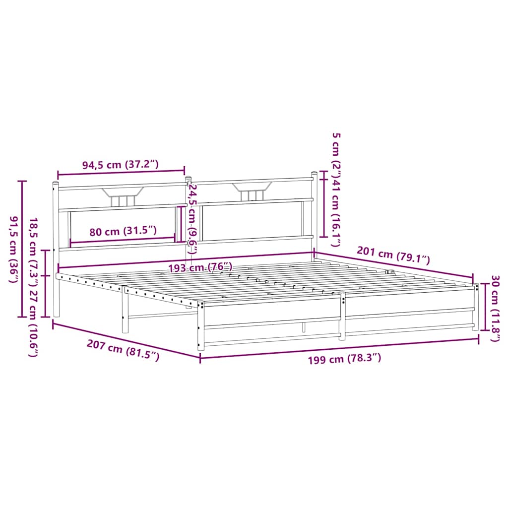 Estrutura de cama sem colchão 193x203cm metal carvalho fumado