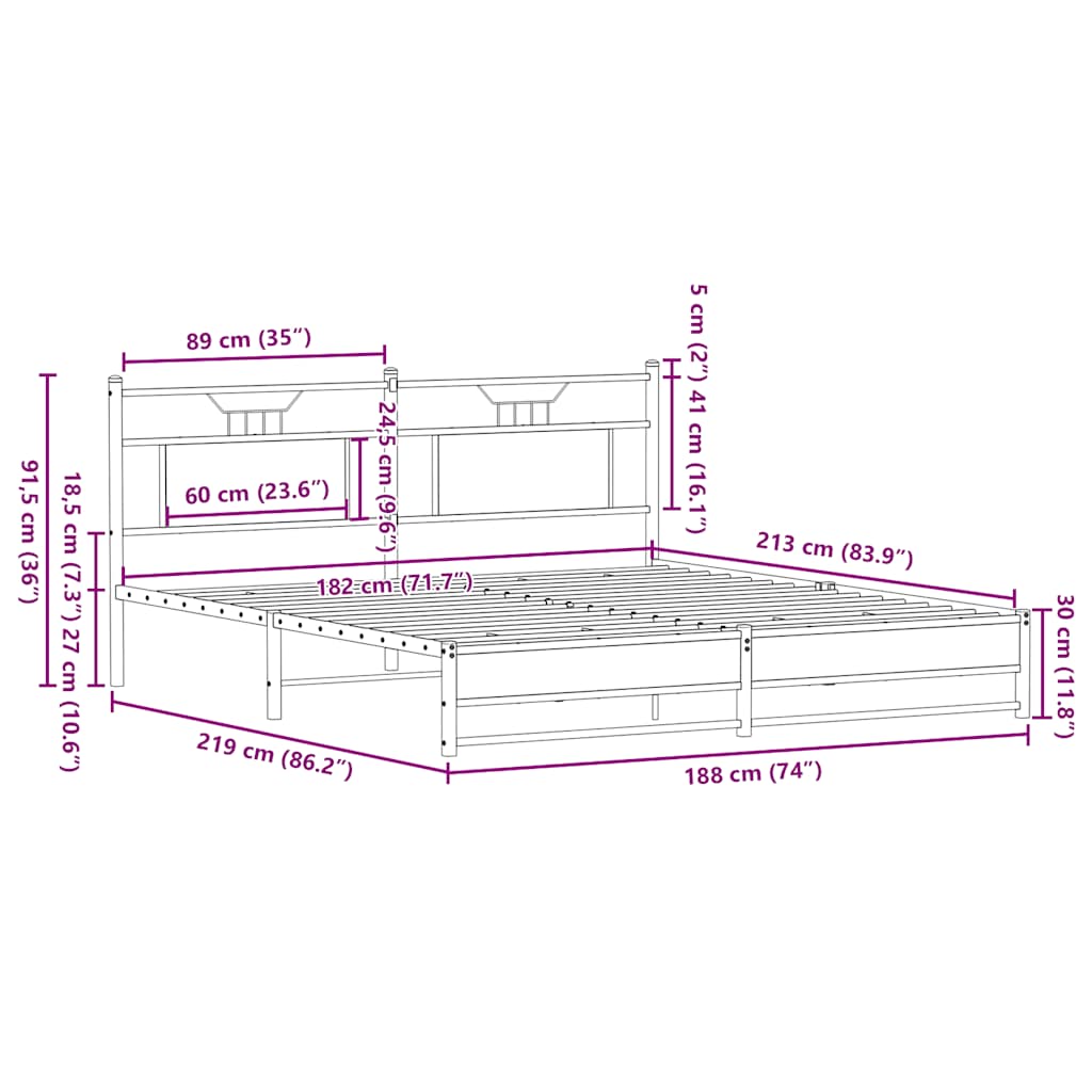 Estrutura de cama sem colchão 183x213cm metal carvalho sonoma