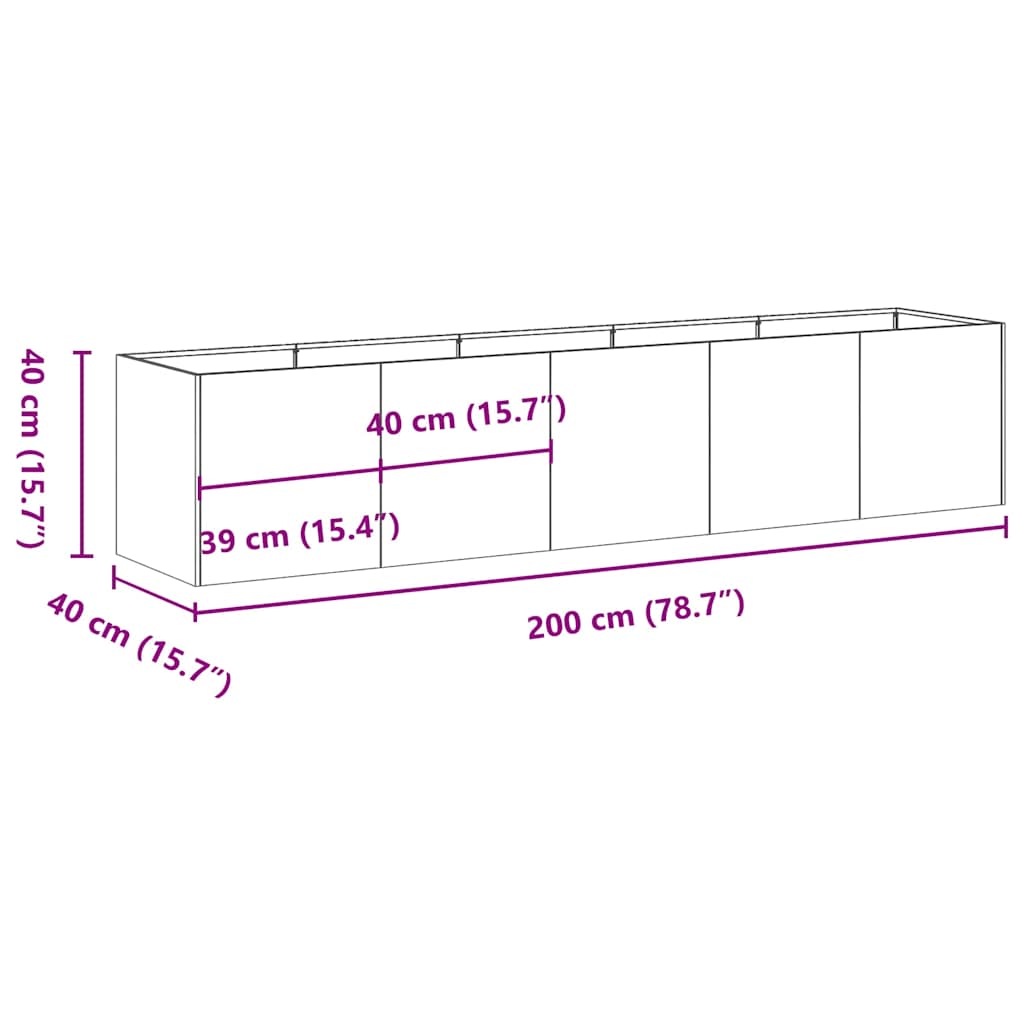 Vaso floreira 200x40x40 cm aço laminado a frio preto