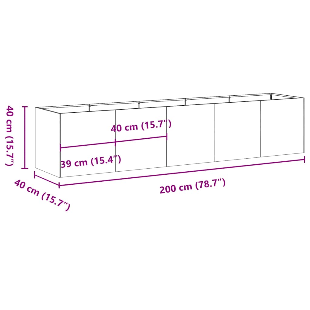 Floreira enferrujada 200x40x40 cm aço resistente