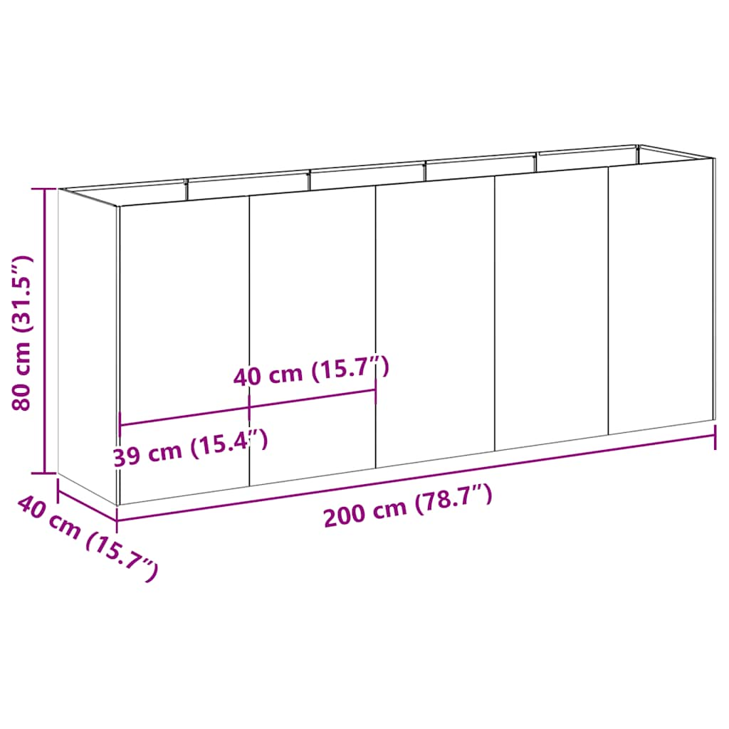 Vaso floreira 200x40x80 cm aço laminado a frio preto