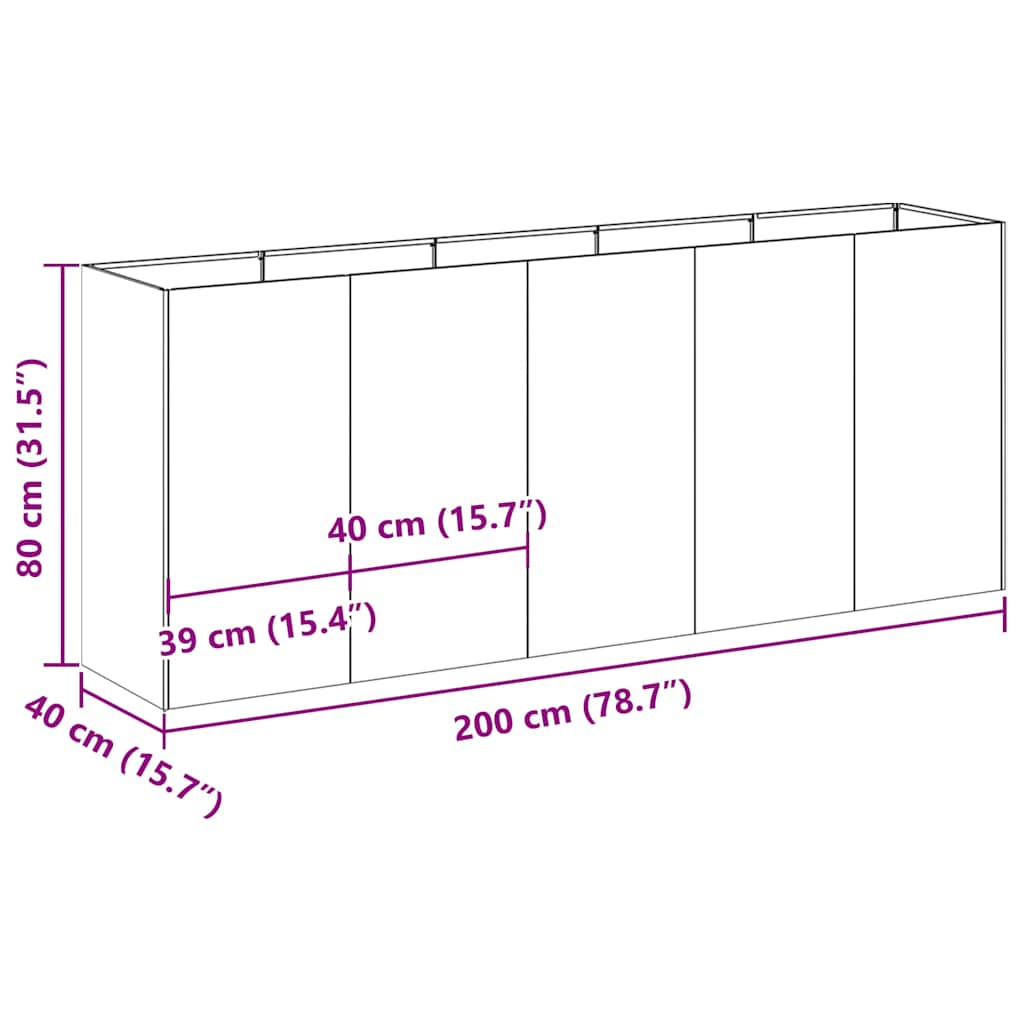 Vaso floreira 200x40x80 cm aço laminado a frio verde