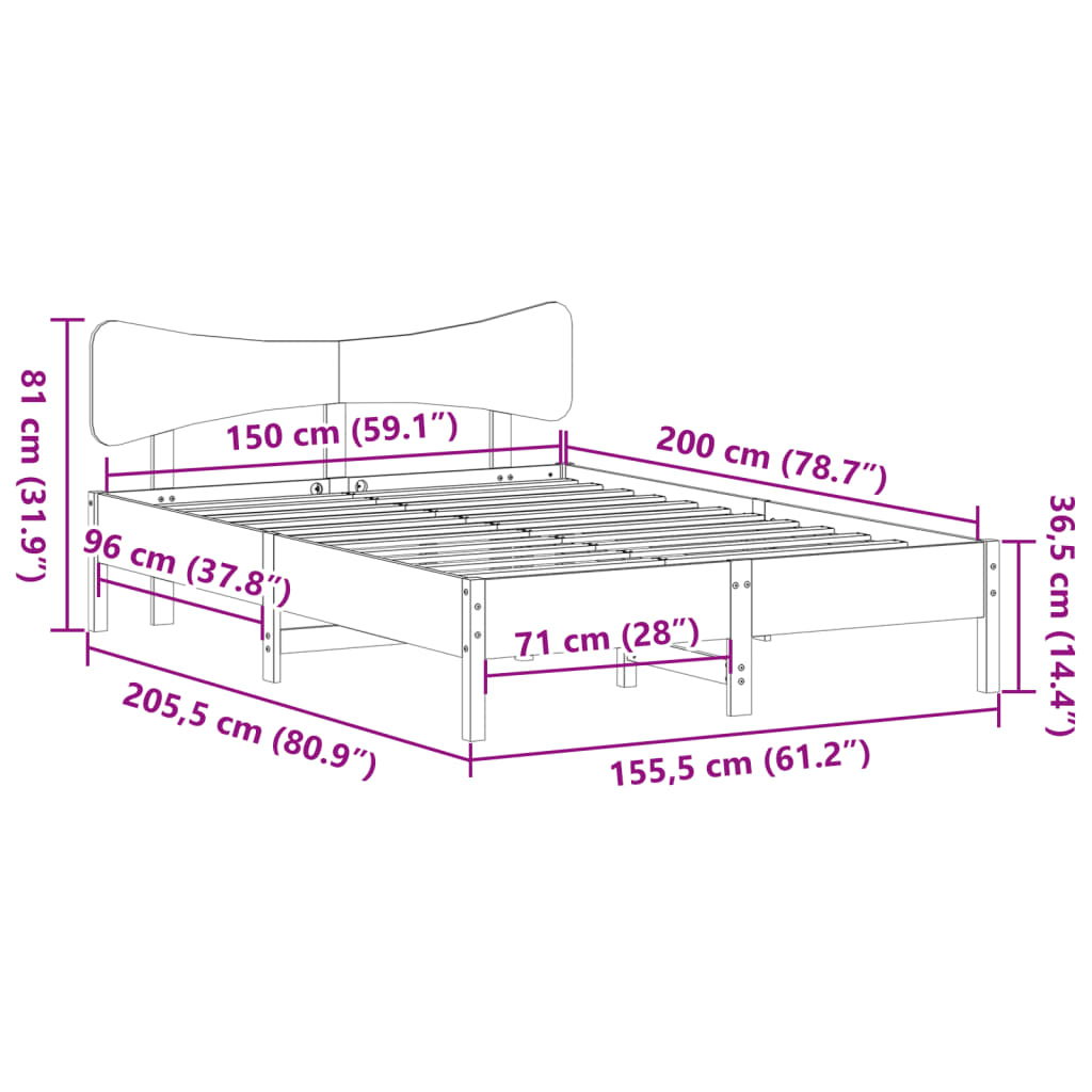 Cama sem colchão 150x200 cm madeira de pinho maciça branco