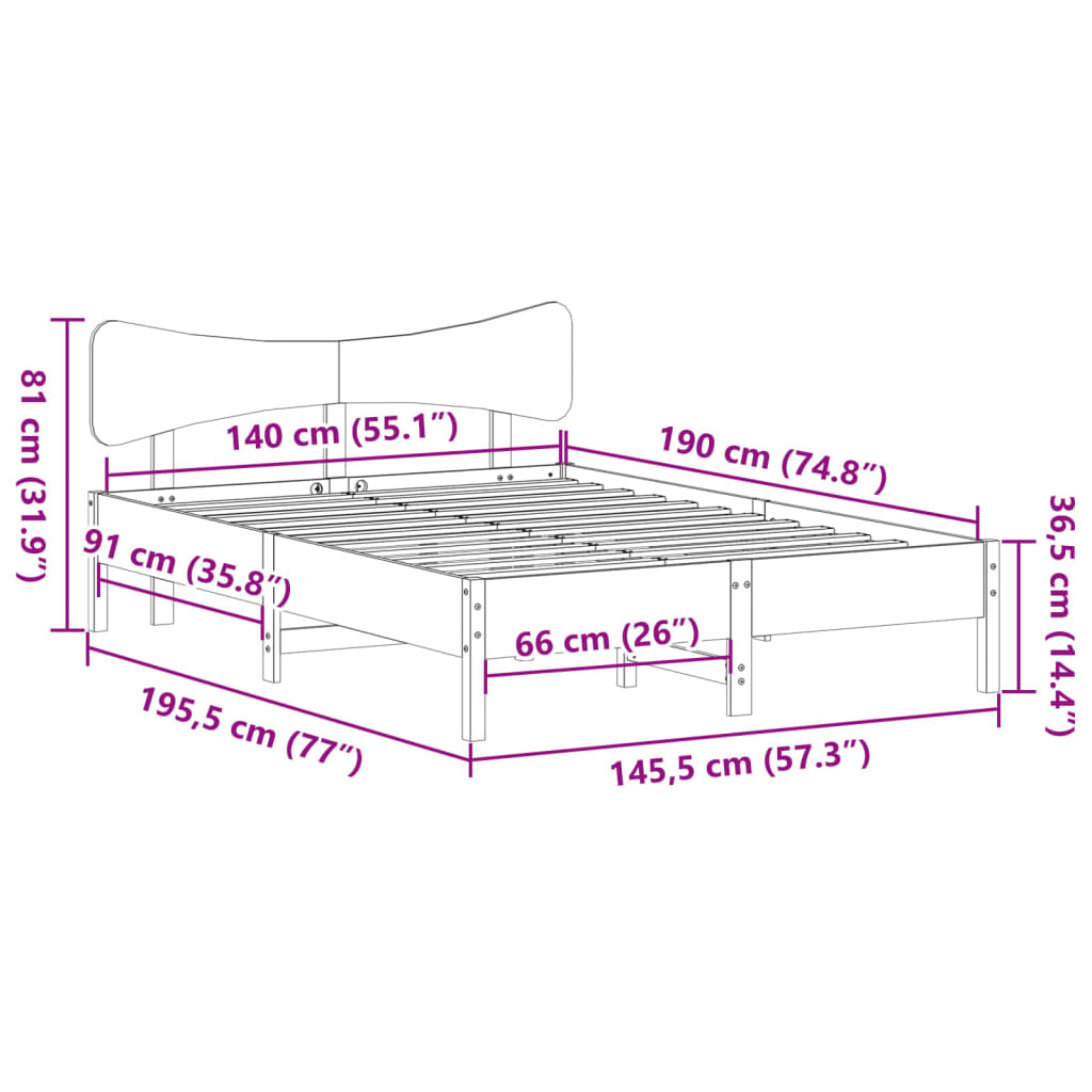 Cama sem colchão 140x190 cm madeira de pinho maciça branco