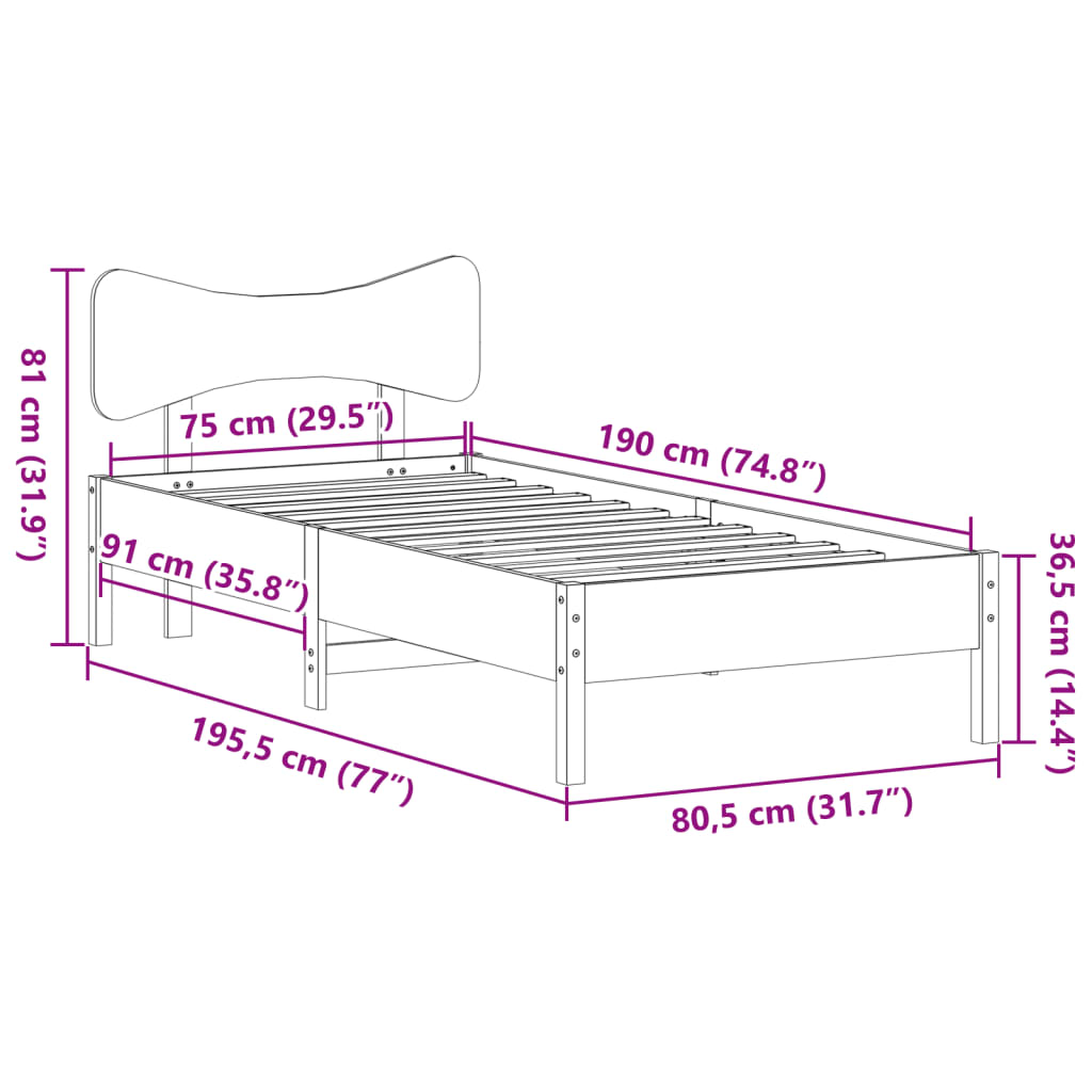 Cama sem colchão 75x190 cm madeira de pinho maciça