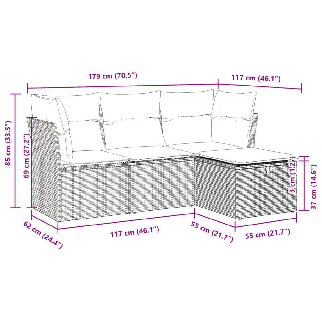 4 pcs conjunto de sofás para jardim c/ almofadões vime PE bege