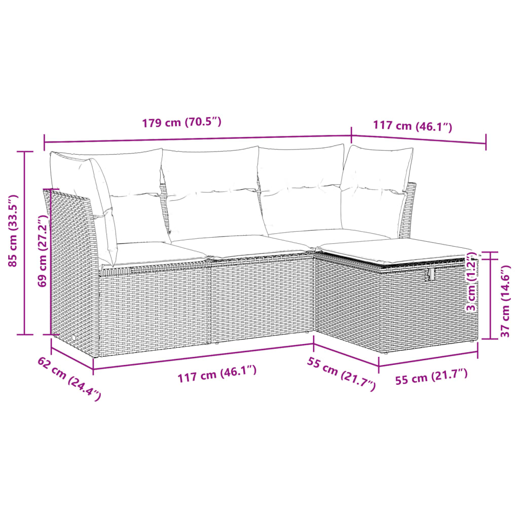 4 pcs conjunto sofás de jardim c/ almofadões vime PE castanho