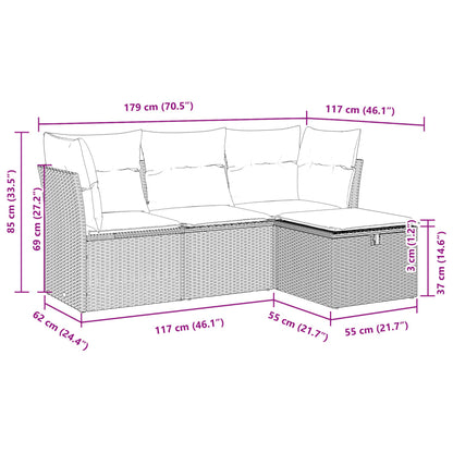 4 pcs conjunto sofás de jardim c/ almofadões vime PE castanho