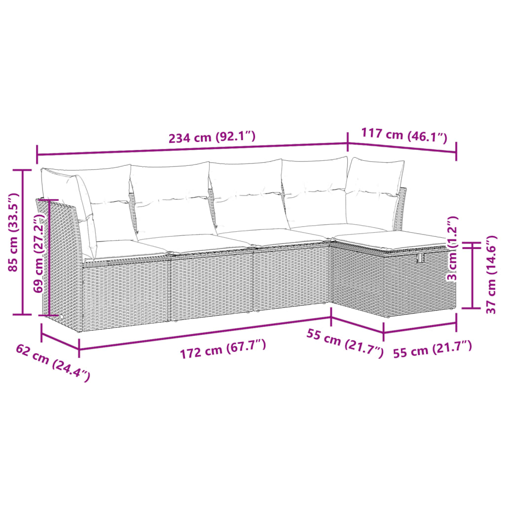 5 pcs conjunto sofás de jardim com almofadões vime PE preto