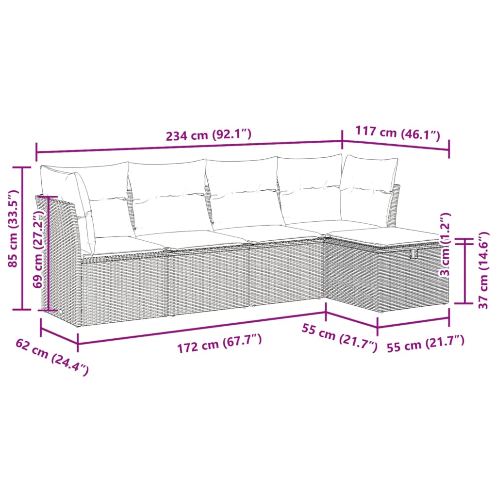 5 pcs conjunto de sofás p/ jardim com almofadões vime PE bege