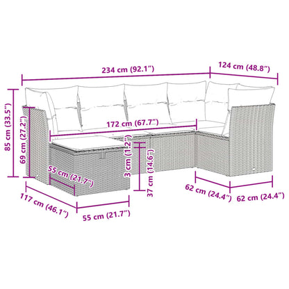 6 pcs conjunto sofás de jardim c/ almofadões vime PE preto