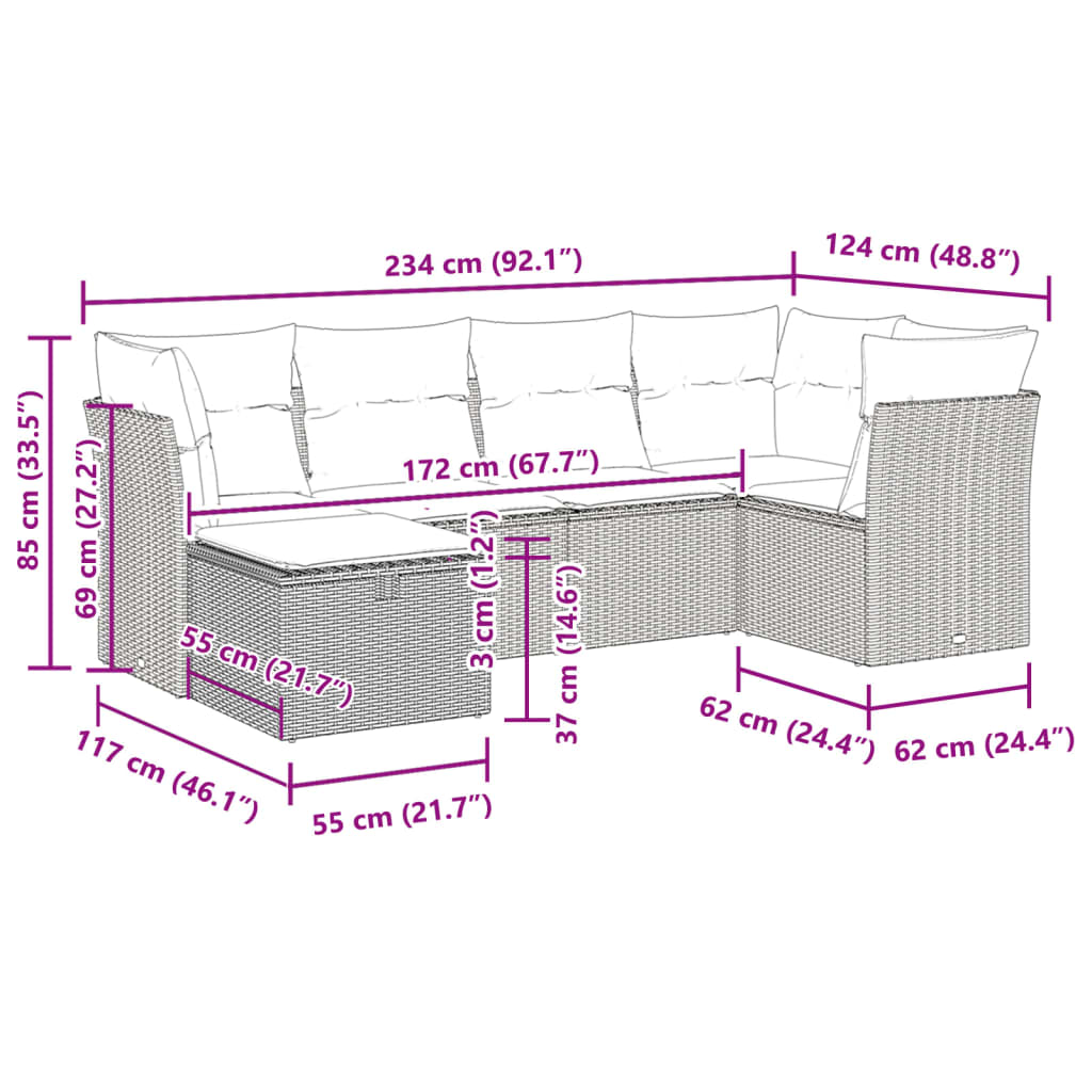 6 pcs conjunto de sofás p/ jardim com almofadões vime PE bege