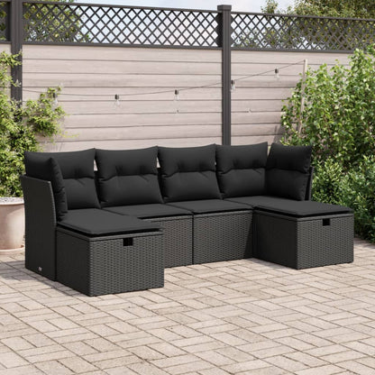 6 pcs conjunto sofás de jardim c/ almofadões vime PE preto