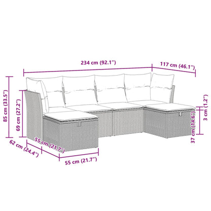 6 pcs conjunto sofás de jardim c/ almofadões vime PE preto