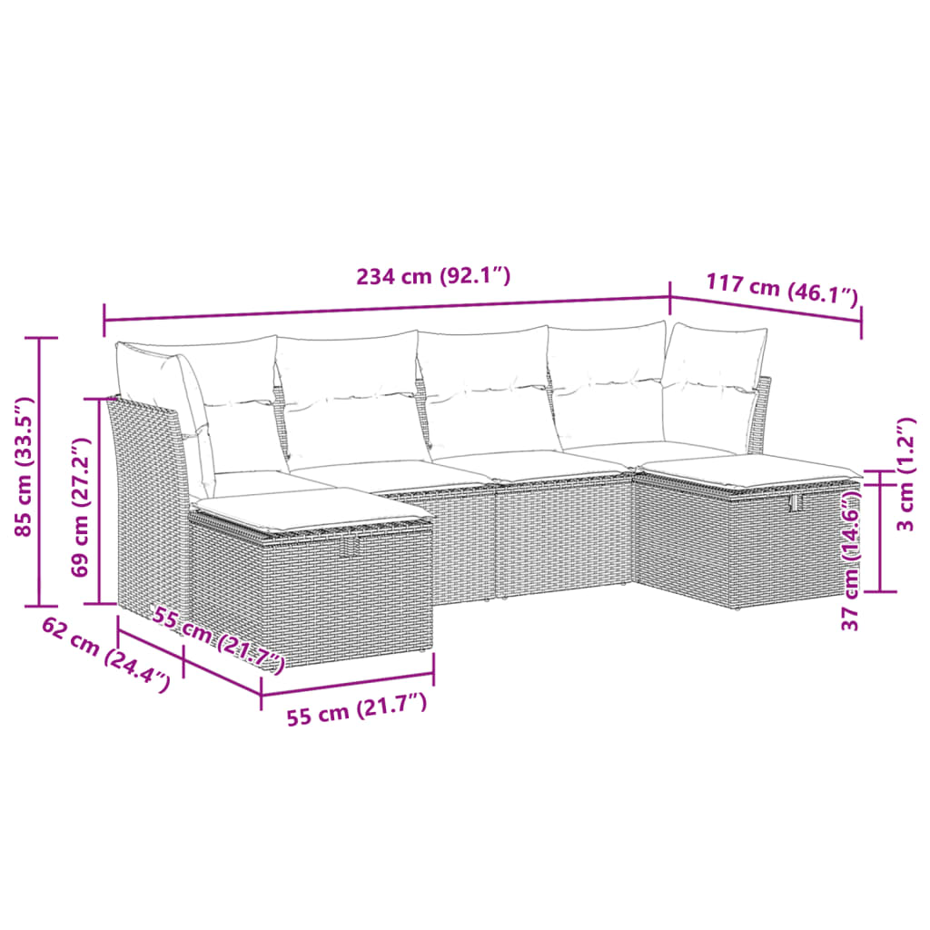 6 pcs conjunto de sofás p/ jardim com almofadões vime PE bege