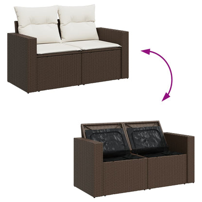 4 pcs conjunto sofás de jardim c/ almofadões vime PE castanho