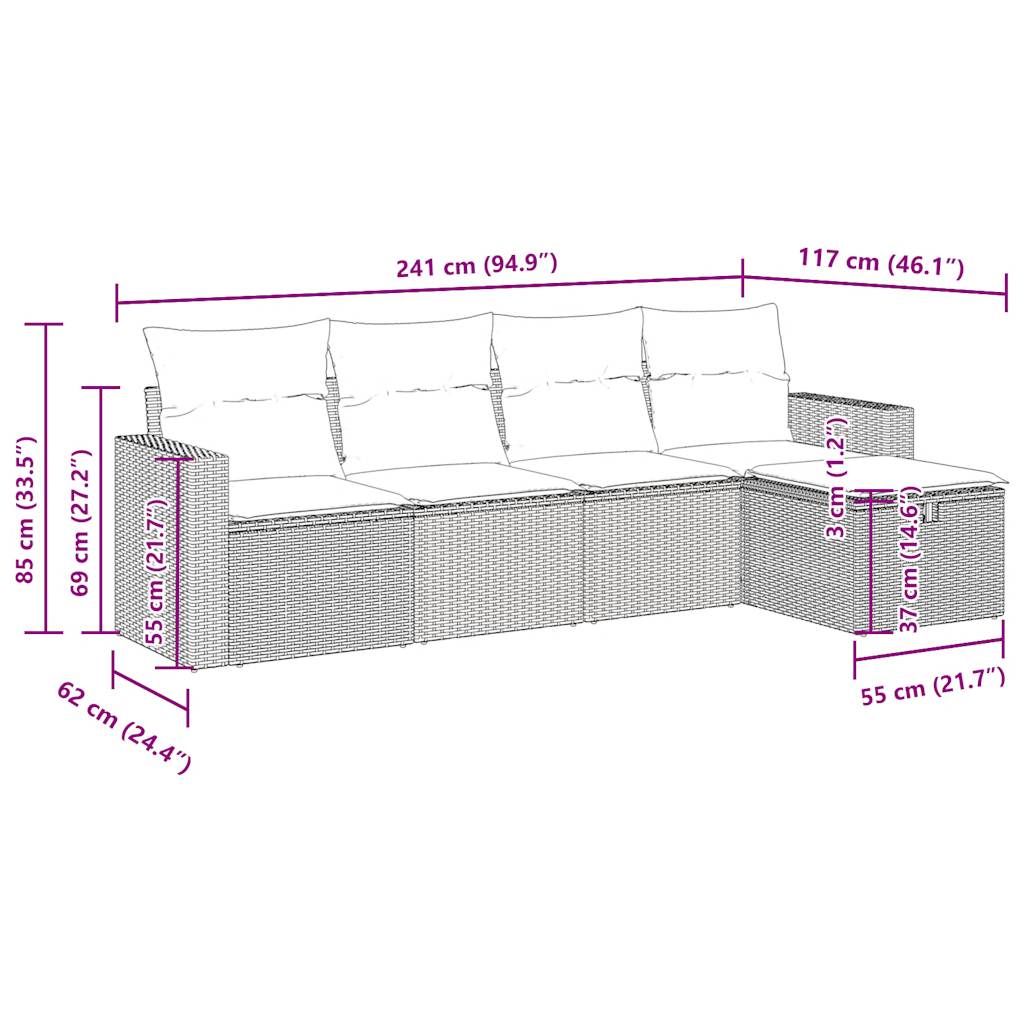 5 pcs conjunto de sofás p/ jardim com almofadões vime PE bege