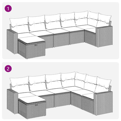 7 pcs conjunto sofás p/ jardim c/ almofadões vime PE cinzento