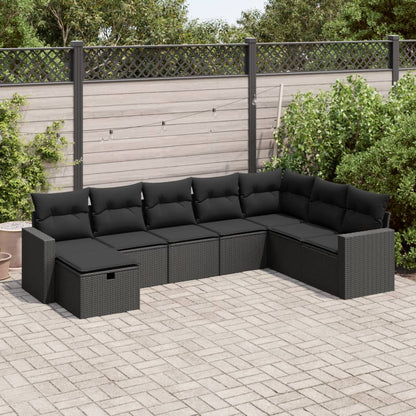 8 pcs conjunto sofás de jardim com almofadões vime PE preto