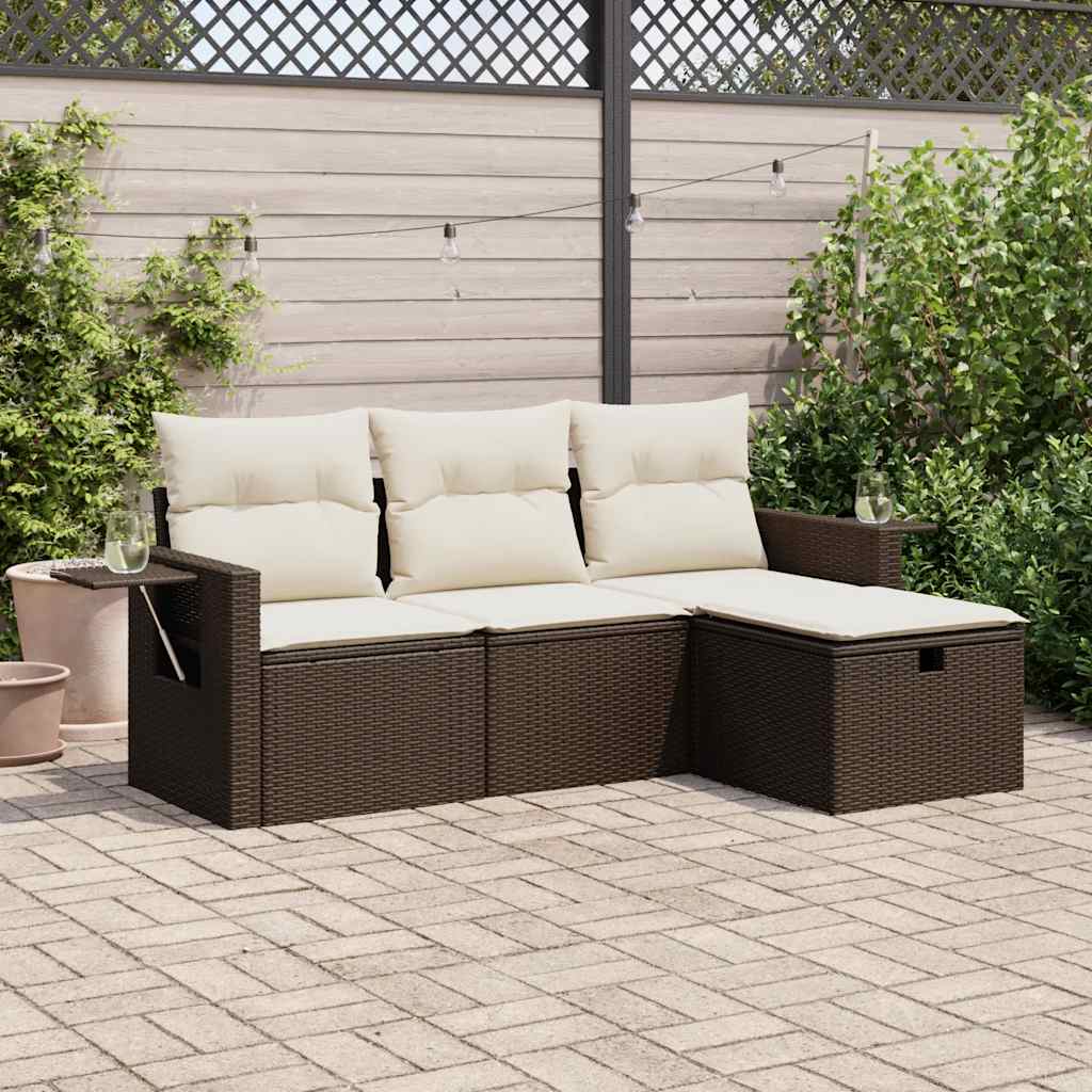 4 pcs conjunto sofás de jardim c/ almofadões vime PE castanho