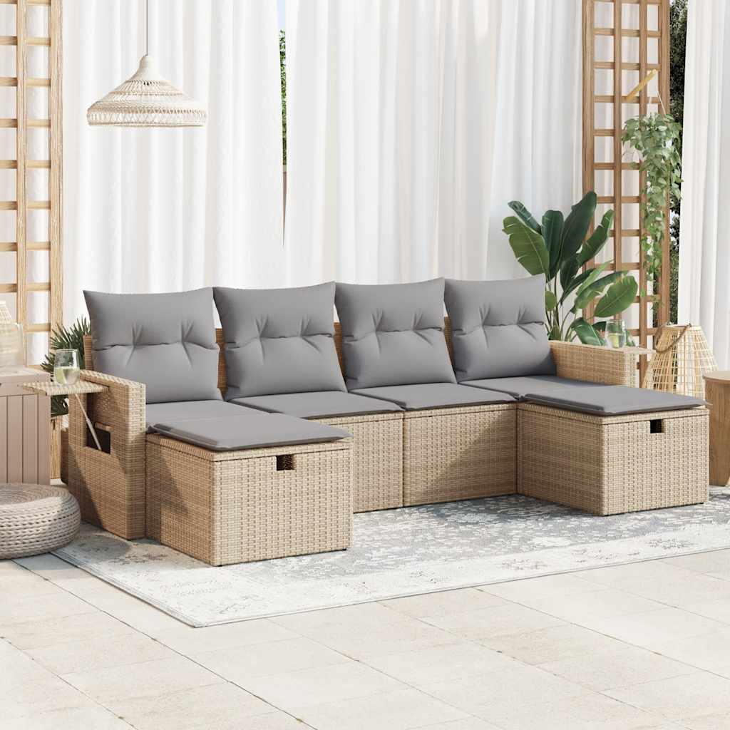 6 pcs conjunto de sofás p/ jardim com almofadões vime PE bege