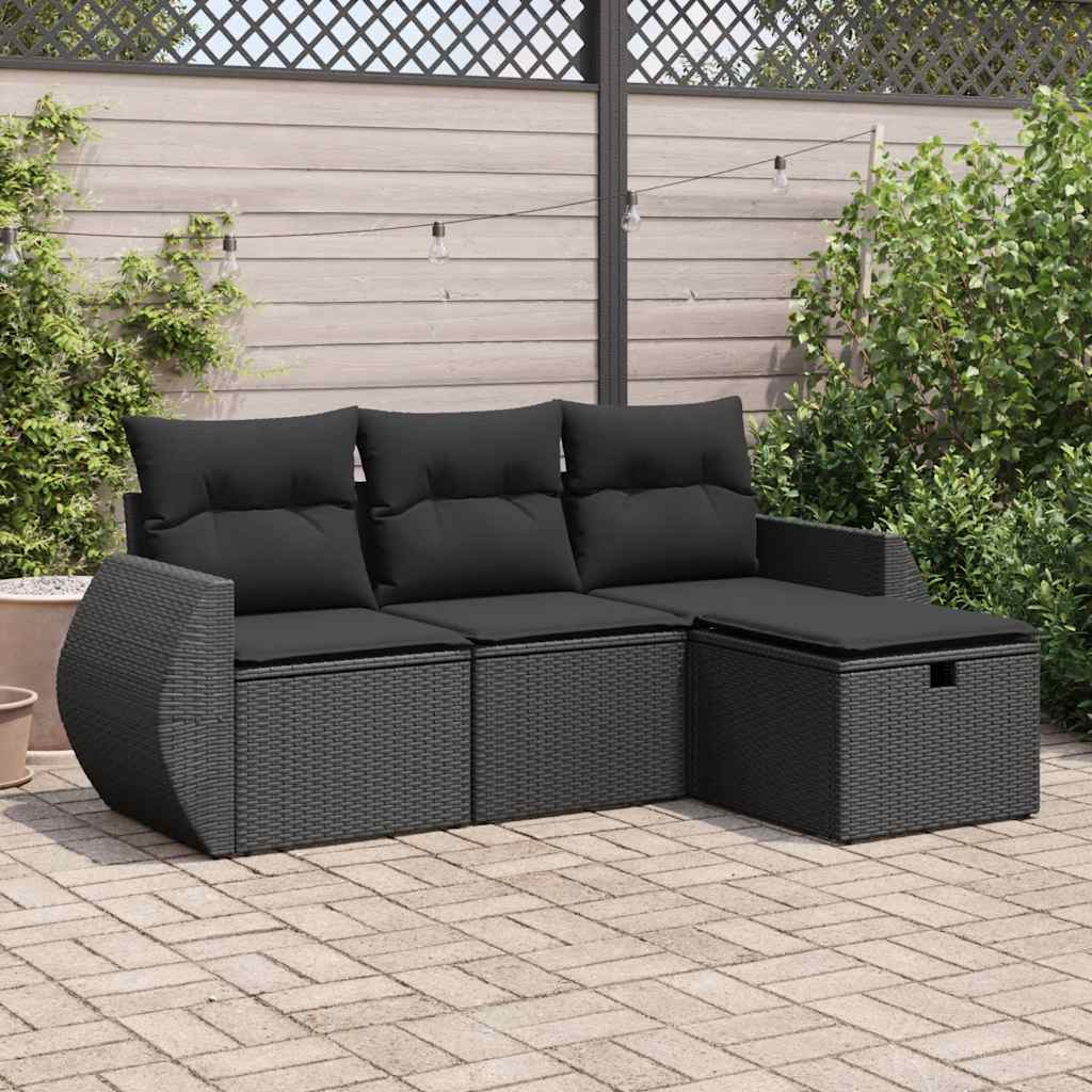 4 pcs conjunto de sofás para jardim c/ almofadões vime PE preto