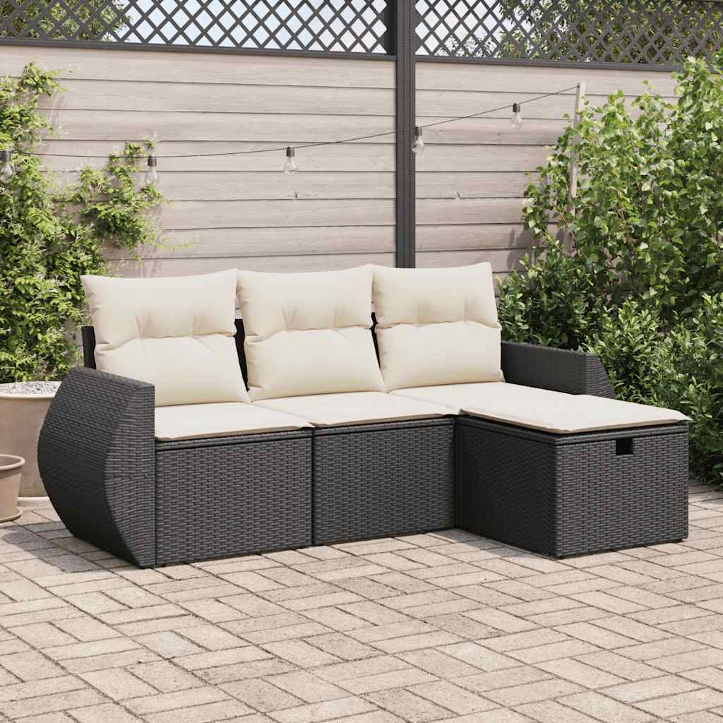 4 pcs conjunto de sofás para jardim c/ almofadões vime PE preto