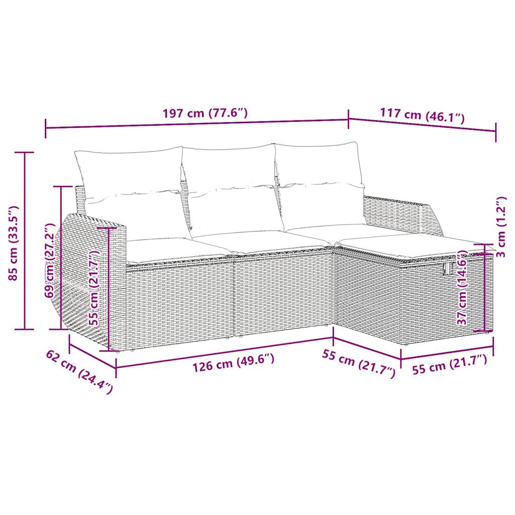 4 pcs conjunto de sofás para jardim c/ almofadões vime PE bege