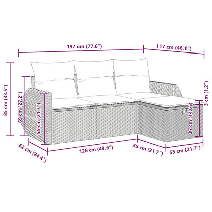 4 pcs conjunto de sofás para jardim c/ almofadões vime PE bege