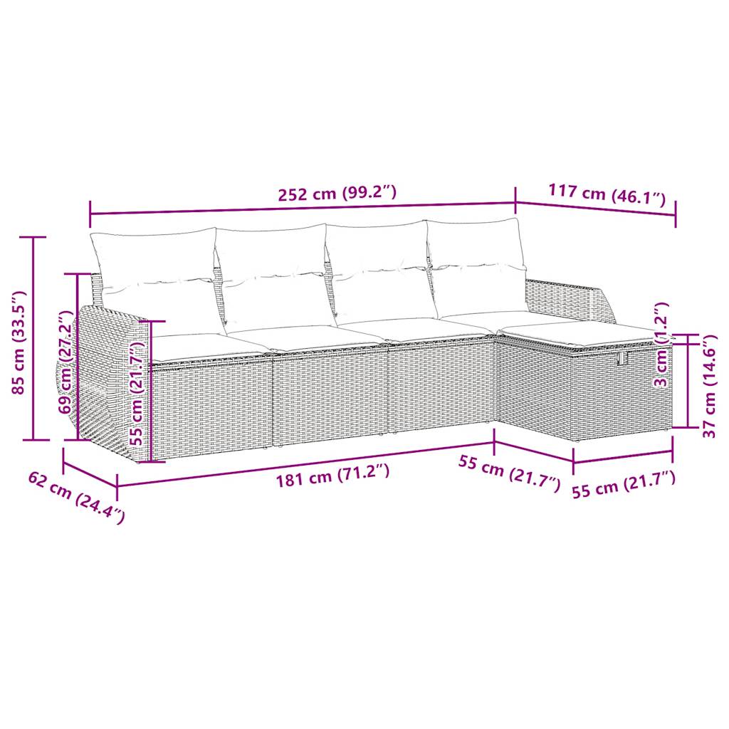 5 pcs conjunto sofás de jardim c/ almofadões vime PE cinzento