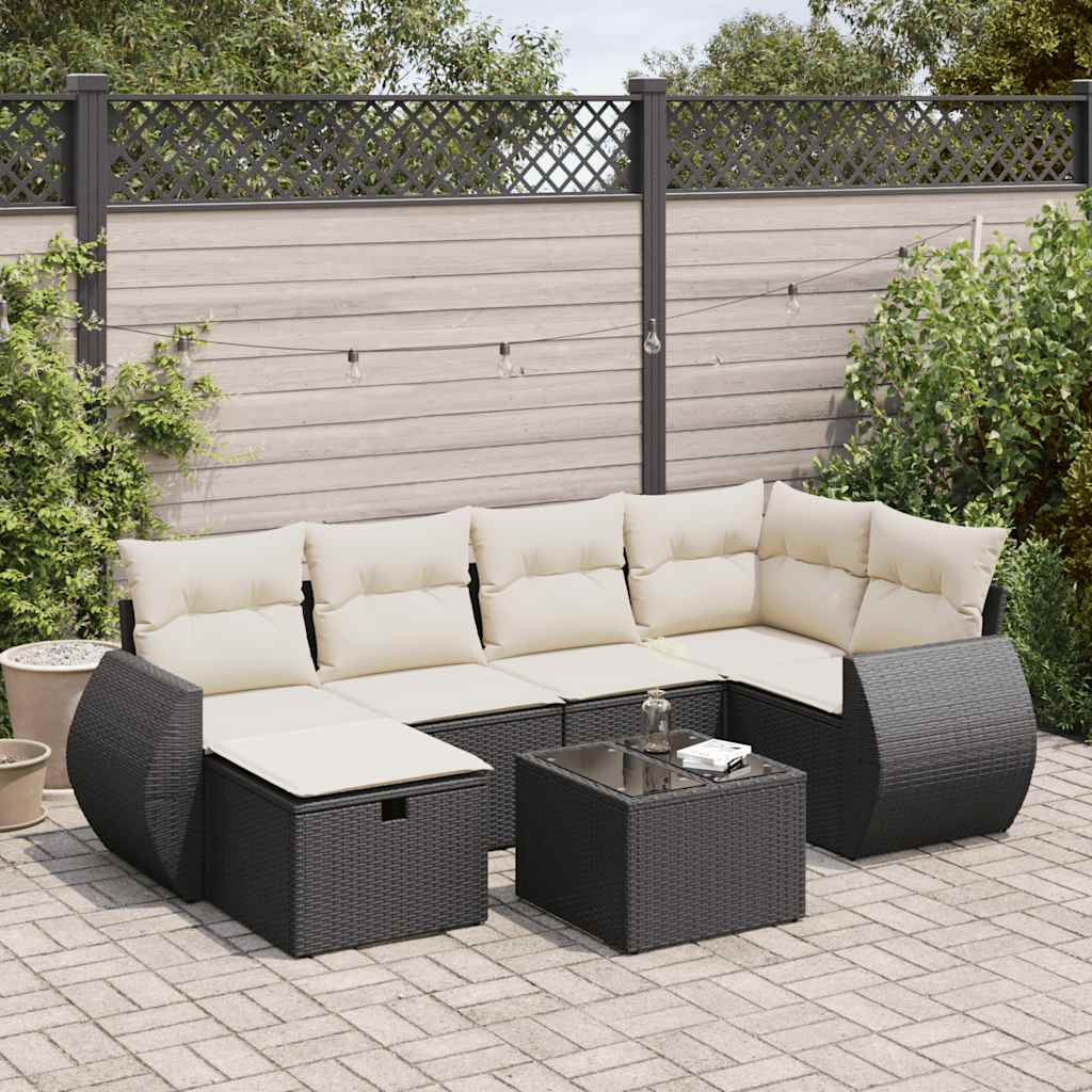 7 pcs conjunto de sofás p/ jardim c/ almofadões vime PE preto