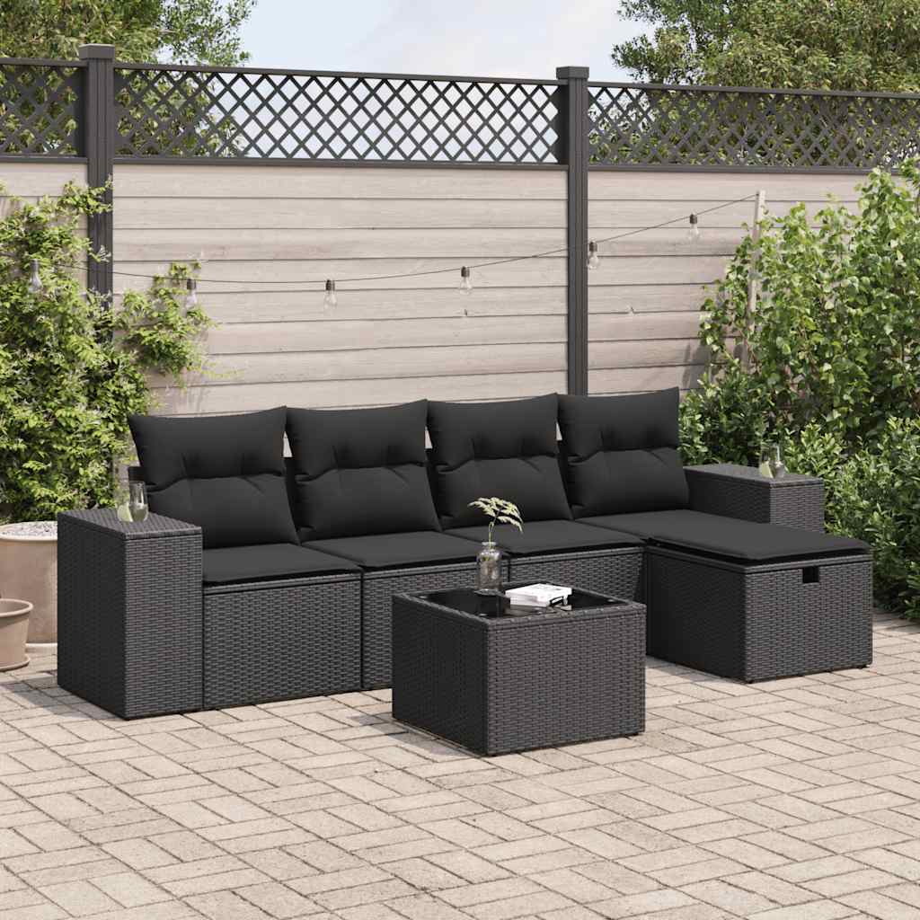 6 pcs conjunto sofás de jardim c/ almofadões vime PE preto