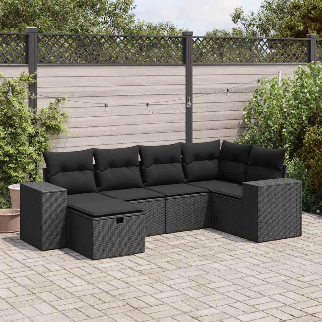 6 pcs conjunto sofás de jardim c/ almofadões vime PE preto