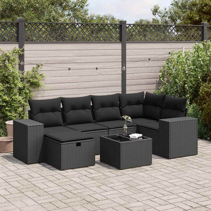 7 pcs conjunto de sofás p/ jardim c/ almofadões vime PE preto