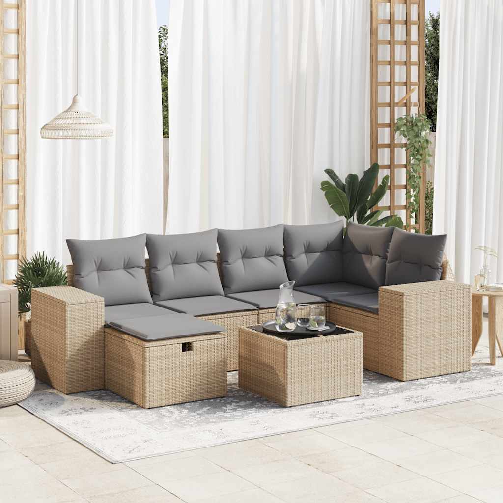 7 pcs conjunto de sofás p/ jardim com almofadões vime PE bege