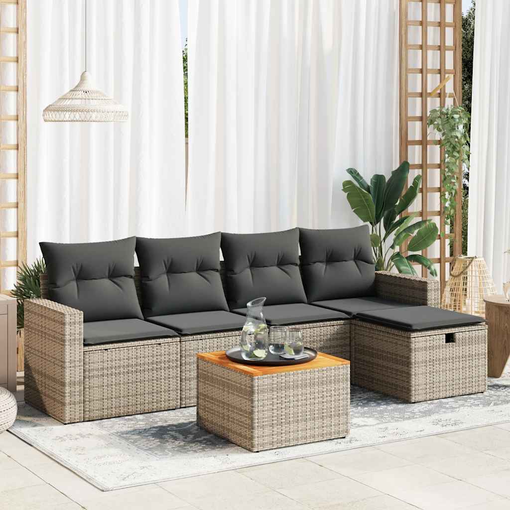 6 pcs conjunto sofás de jardim com almofadões vime cinzento