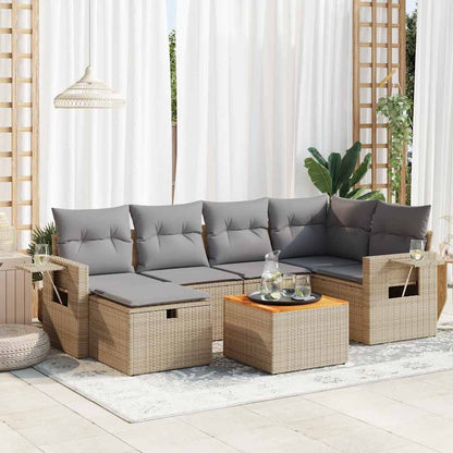 7 pcs conjunto de sofás p/ jardim com almofadões vime PE bege