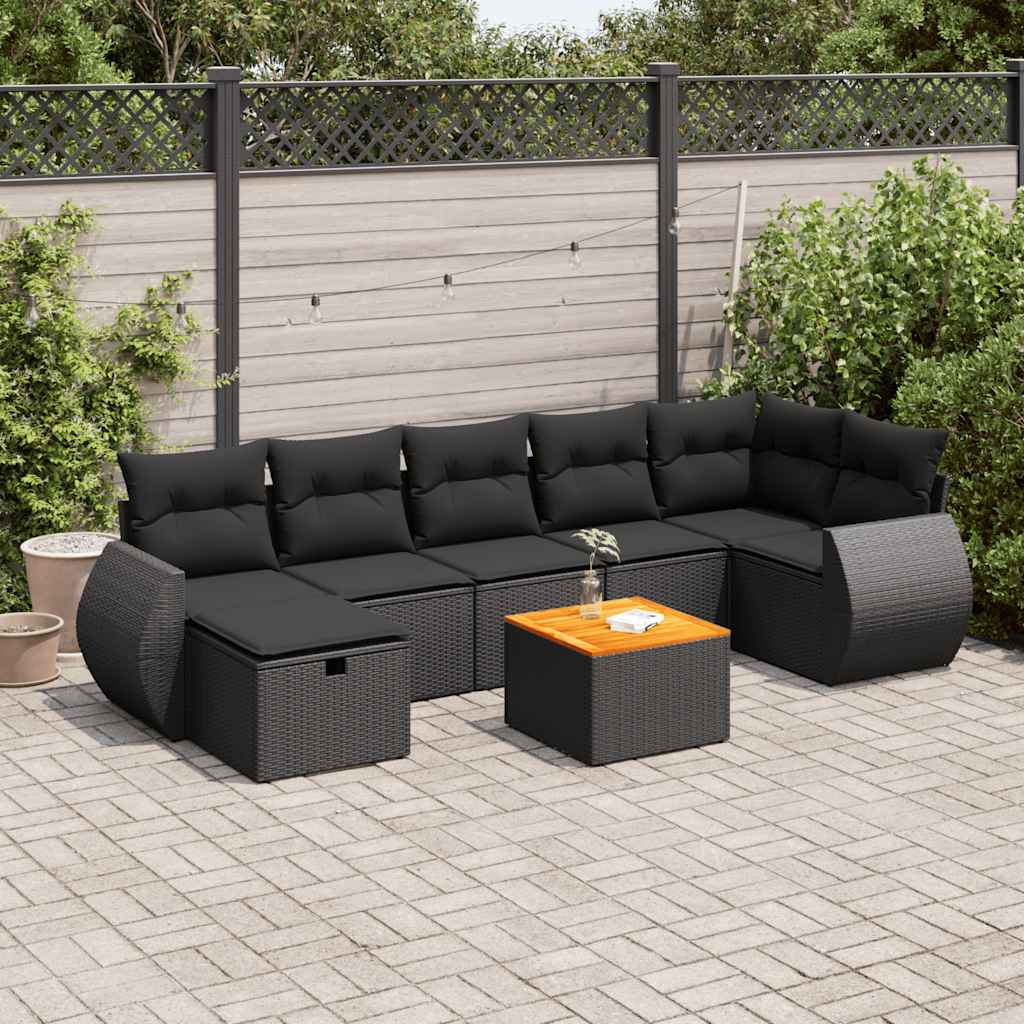 8 pcs conjunto sofás de jardim com almofadões vime PE preto