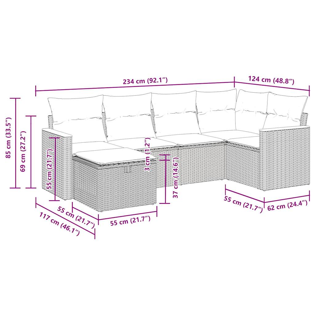 6 pcs conjunto de sofás p/ jardim com almofadões vime PE bege